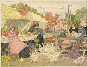 Bedfords bog om butikker: Market (farvelitografi) af Francis Donkin Bedford