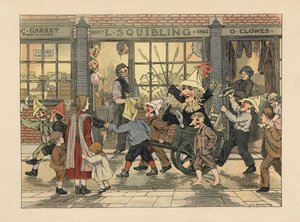 Fyrværkeributik - Victorianske børn trækker en Guy i en vogn på Guy Fawkes-aftenen foran L. Squiblings fyrværkeributik. Kromolitografi efter en illustration af Francis Donkin Bedford fra Edward Verrall Lucas