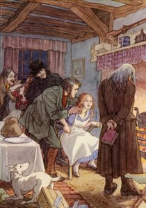 Illustration til The Cricket on the Hearth af Charles Dickens (farvelitografi)