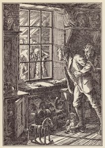 Illustration til The Cricket on the Hearth af Charles Dickens (farvelitografi)