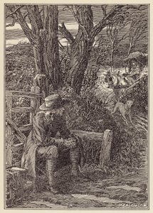 Illustration til The Cricket on the Hearth af Charles Dickens (farvelitografi)