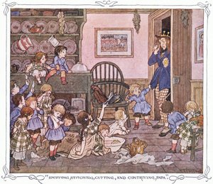 "Snipping, stitching, cutting and contriving, Papa", fra The Magic Fishbone, udgivet af Warne  Co, ca. 1940 (farvelitografi) af Francis Donkin Bedford
