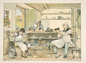Skomageren, fra Four and Twenty Toilers, pub. 1900 (farvelitografi) af Francis Donkin Bedford
