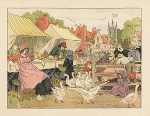 Victorianske børn køber grøntsager, jager gæs og prikker til grise på et landsbymarked. Kromolitografi efter en illustration af Francis Donkin Bedford fra Edward Verrall Lucas