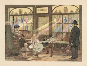 Victorianske børn danser foran et apotek, mens en politimand ser på. Kromolitografi efter en illustration af Francis Donkin Bedford fra Edward Verrall Lucas