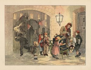 Victorianske børn spiser varme kartofler fra den varme kartoffelmand. I baggrunden stiger folk med paraplyer om bord på en bus i regnvejr. Kromolitografi efter en illustration af Francis Donkin Bedford fra Edward Verrall Lucas