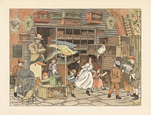 Victorianske børn leger med papegøjer og kakaduer i fuglehandlerens butik eller dyrehandel. Kromolitografi efter en illustration af Francis Donkin Bedford fra Edward Verrall Lucas