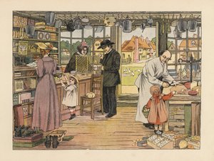 Victorianske kunder køber skinke, bøger og postordrer i landsbybutikken. Kromolitografi efter en illustration af Francis Donkin Bedford fra Edward Verrall Lucas