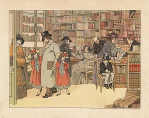 Victorianske kunder i en boghandel. Kromolitografi efter en illustration af Francis Dorkin Bedford fra Edward Verrall Lucas