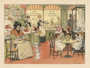 Victorianske kunder i en tebutik og konditorer. Kromolitografi efter en illustration af Francis Donkin Bedford fra Edward Verrall Lucas