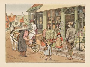 Victoriansk familie hos Henry Hoop, landsbyens jernhandler. Kromolitografi efter en illustration af Francis Donkin Bedford fra Edward Verrall Lucas