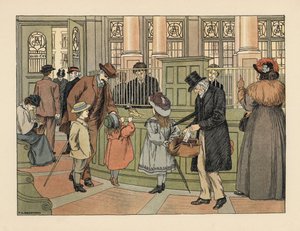 Victoriansk familie i en bank, der hæver penge fra en kasserer med banksedler. Kromolitografi efter en illustration af Francis Donkin Bedford fra Edward Verrall Lucas