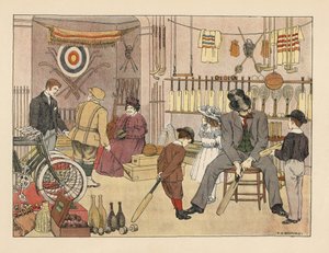 Victoriansk far og børn køber cricketbat i en sportsforretning. Golfspiller i plus fours med en ekspedient. Kromolitografi efter en illustration af Francis Donkin Bedford fra Edward Verrall Lucas