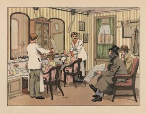 Victorianske herrer får deres hår vasket og behandlet med en hårbørstemaskine i en frisørsalon. Kromolitografi efter en illustration af Francis Donkin Bedford fra Edward Verrall Lucas