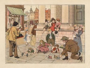 Victorianske kantstenshandlere sælger penny-legetøj til børn i en gade i London. Kromolitografi efter en illustration af Francis Donkin Bedford fra Edward Verrall Lucas