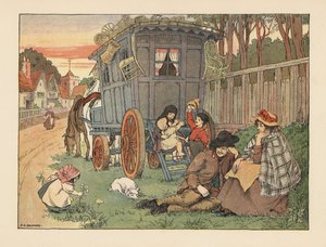 Victorianske omrejsende basketballmagere med deres varer på taget af deres campingvogn. Kromolitografi efter en illustration af Francis Donkin Bedford fra Edward Verrall Lucas