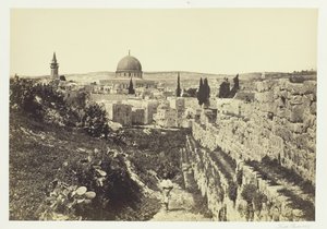 Bymuren og moskeen i Omar, Jerusalem, 1857. af Francis Frith