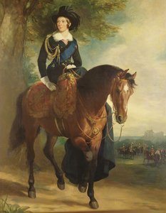 Portræt af dronning Victoria til hest, med Windsor Castle, hertugen af Wellington og husholdningsbrigaden i baggrunden