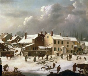 Vinterscene i Brooklyn, detalje af en gade og postkontoret, ca. 1817-20 (detalje af 84498)