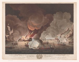 Ødelæggelse af skibe ud for Gibraltar, 14. september 1782 Destruktionen af ​​de flydende batterier før Gibraltar, den 14. september 1782 (...) (titel på objektet)