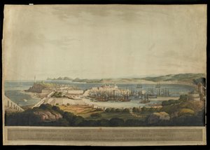 South View of Corunna from the Heights near the Convent of St. Margaret, graveret af H. Merke, udgivet i 1809 (farvet akvatint) af Francis Lee