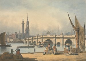 London Bridge og Monumentet af Francis Nicholson