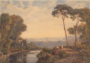 Landskab med et tempel og figurer ved en flod
