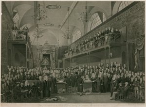 Interiør af House of Lords, Westminster, London, under den vigtige undersøgelse i 1820