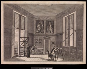 Tre figurer, der bruger astronomisk udstyr i det store stjernerum eller det ottekantede rum, som det kaldes i dag, på Det Kongelige Observatorium, ca. 1676 (kobberstik) af Francis Place