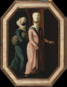 En tyrkisk dame går med sin slave i badet, ca 1760