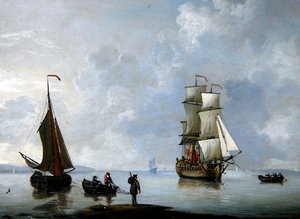 En britisk krigsmand bliver bugseret til Anker (olie på kobber)