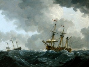 En marinesoldat: to fregatter i en kommende storm (olie på kobber)