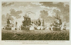 Tolv billeder af søslag. The Glorious Action off Cape Francois Octr 21 1757, between the English, and seven French ships of War wherin the latter were entirely defeated. (radering) af Francis Swaine