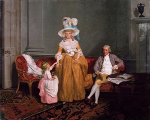 En familiegruppe, faderen siddende, moderen og datteren stående, i et interiør, 1700-tallet