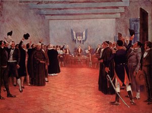 Kongressen i Tucuman, Argentinas uafhængighedserklæring fra Spanien i 1816 (farve litho) af Francisco (after) Fortuny
