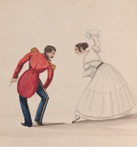 En peruviansk mand og kvinde, der danser Zamacueca, fra en gruppe tegninger, der viser..., ca. 1848.