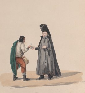 En kanon, der overrækker et krucifiks til en mand, fra en gruppe tegninger, der viser peruviansk kostume, 1848.