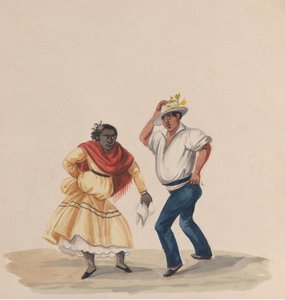 En mand og en kvinde danser, fra en gruppe tegninger, der viser peruviansk kostume, 1848.