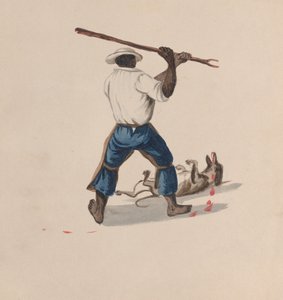 En mand set bagfra slå en hund med en pind, fra en gruppe tegninger, der viser..., ca. 1848