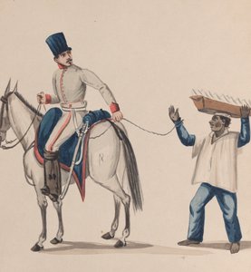 En soldat til hest, der holder et reb, der sikrer en indfødt slave, der balancerer en tallerken..., ca. 184
