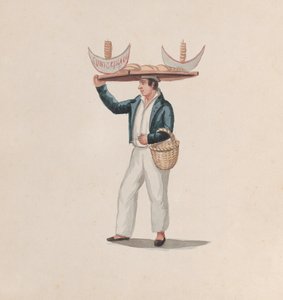En tortillasælger, der balancerer en bakke på hovedet, fra en gruppe tegninger, der forestiller peruansk..., ca.