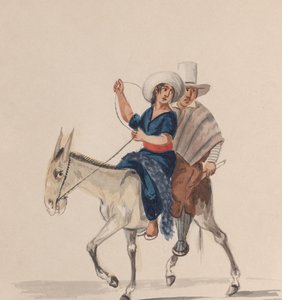 En indisk mand og kvinde, der rider på et æsel, fra en gruppe tegninger, der forestiller peruansk..., ca. 1848.