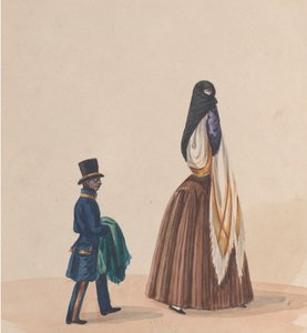 En elegant klædt kvinde og hendes side, fra en gruppe tegninger, der forestiller peruansk..., ca. 1848.