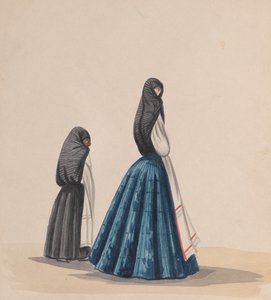 To kvinder iført saya set i profil, fra en gruppe tegninger, der viser..., ca. 1848.