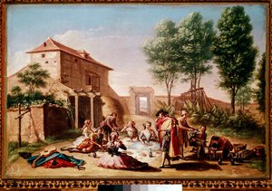 Lunch in the countryside: young people of the bourgeoisie playing a picnic. Painting by Francisco Bayeu and Subias Dani
