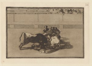 Fald af en picador fra hans hest under tyren (A Picador er unhorsed og falder under tyren), plade 26 fra La tauromaquia af Francisco de Goya