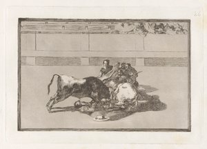 Fald af en picador fra hans hest under tyren (A Picador er unhorsed og falder under tyren), plade 26 fra La tauromaquia af Francisco de Goya