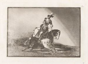 Carlos V. lanceando un toro en la plaza de Valladolid (Charles V spyder en tyr i ringen ved Valladolid), plade 10 fra La tauromaquia af Francisco de Goya