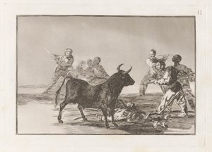The Rabble Hamstring Tyren med lanser, segl, Banderillas og andre arme, plade 12 fra La tauromaquia af Francisco de Goya