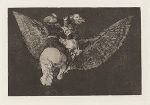 Nonsens-flyer (Flying Folly), også kendt som Renounce the Friend Who Covers You with his Wings og bider dig med sit næb, fra serien Los disparates (Los proverbios) af Francisco de Goya